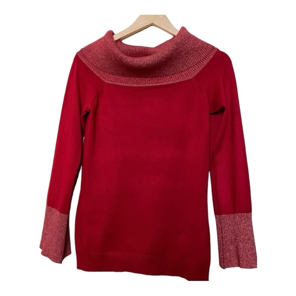 NWT   Questions  Red Sparkly Shimmery Gold Metallic Pull Over Sweater Sz S